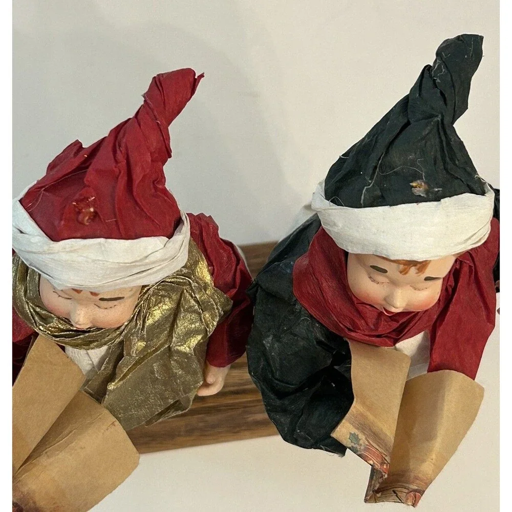 Vintage Paper Mâché Choir Boys Wood Base Christmas Decor Holiday Music Red Green